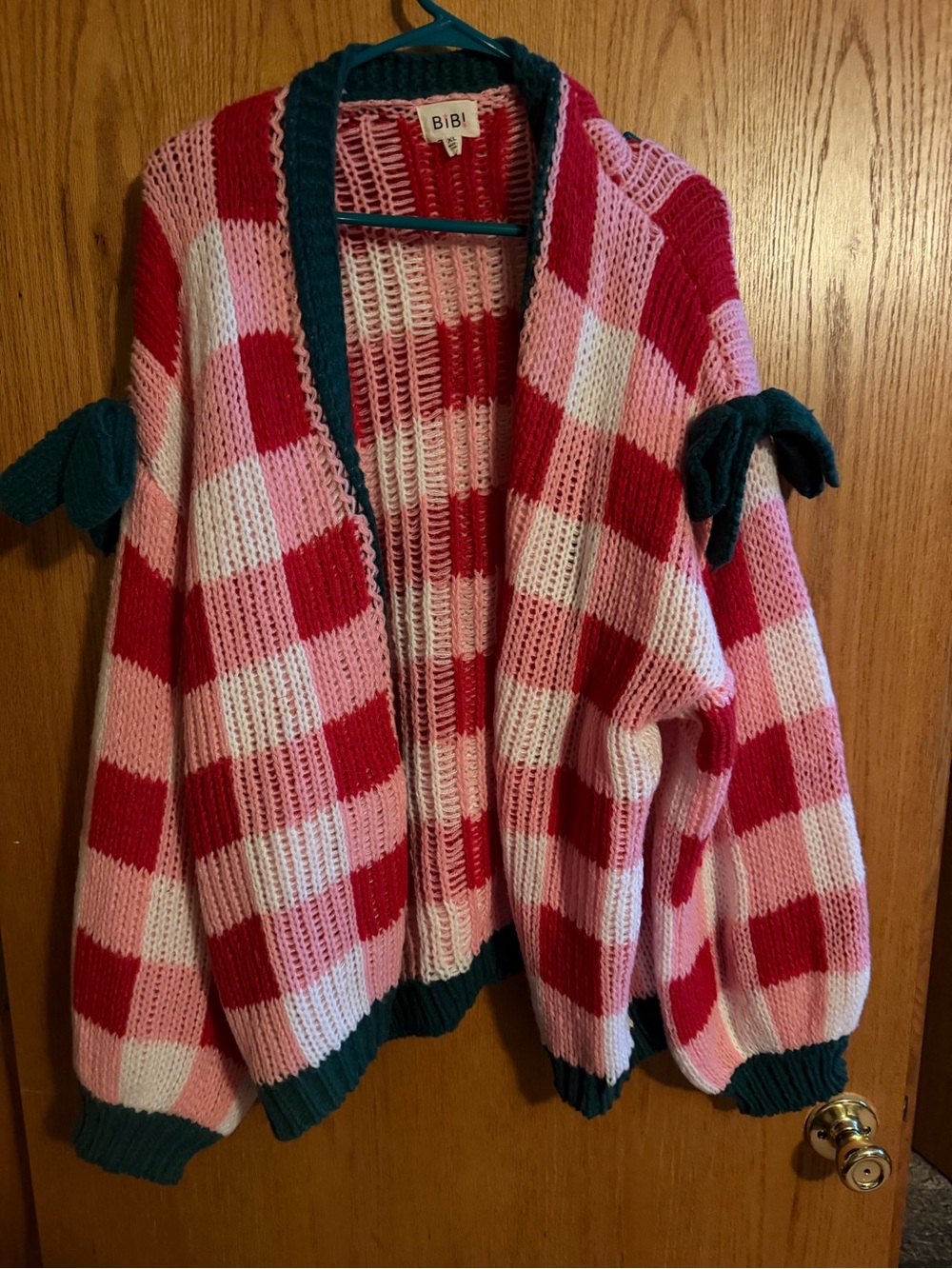 BiBi Pink, Red & White Check Open-Front Cardigan with Teal Trim